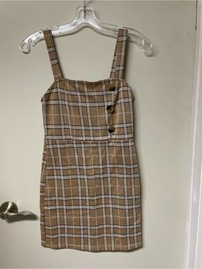 Streetwear Society Tan Plaid Button-Detail Mini Dress
